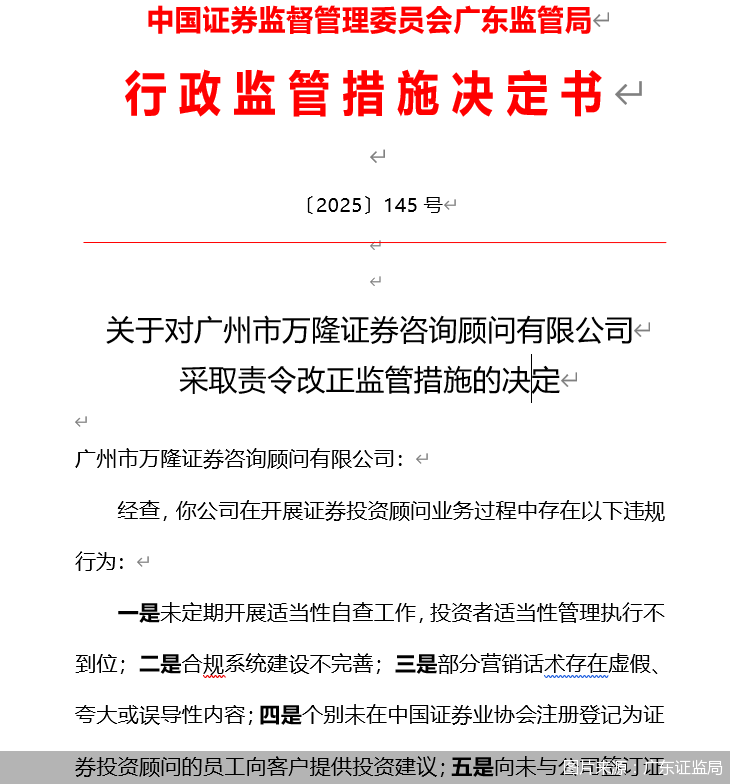 因开展证券投资顾问业务存多项违规行为,万隆证券被监管责令改正