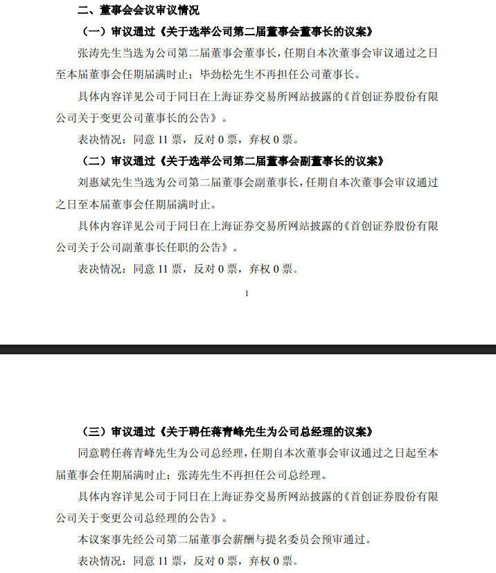 首创证券选举张涛为董事长 聘任蒋青峰为总经理